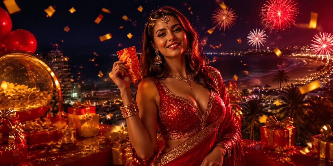 Red and gold themed Indian lottery tickets held in hands