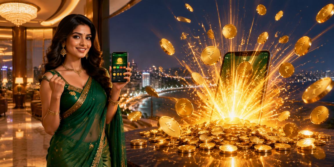 Young player enjoying online rummy casino app in Mumbai Bandra with vibrant neon lights